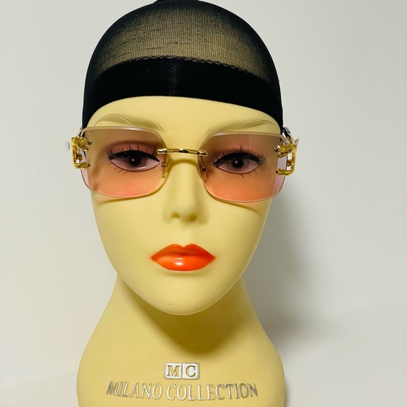 1096-Retro Rimless Fashion Sunglasses- Gray/Pink - Picture 3 of 3